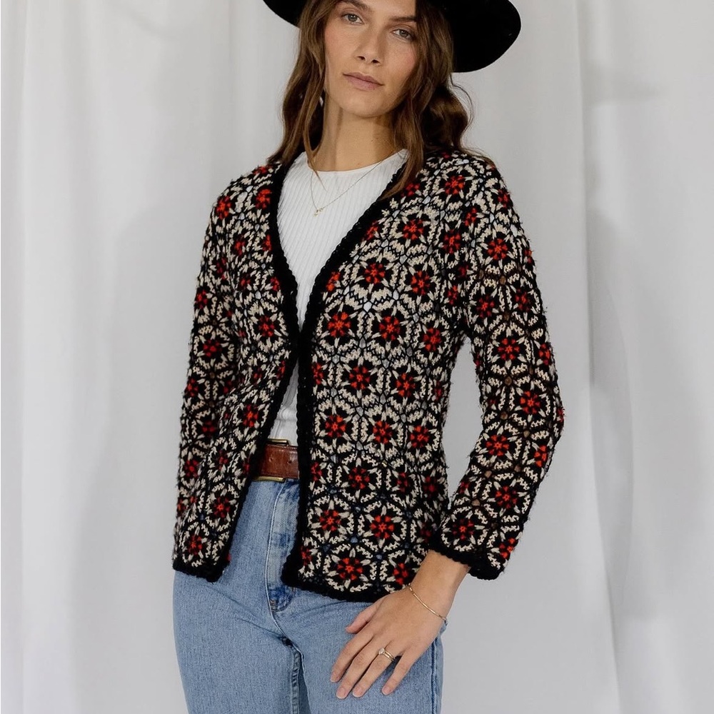 Vintage Rust and Black 60's Crochet Snowflake Cardigan